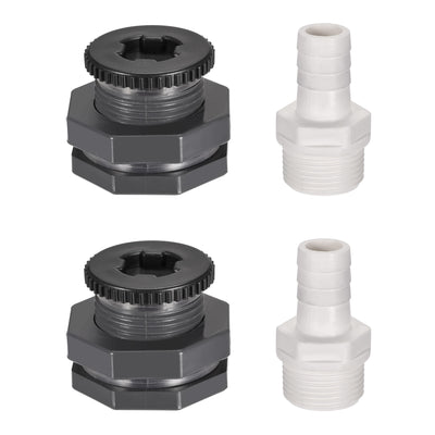 uxcell Uxcell PVC Bulkhead Tank Adapter G3/4 Thread with Plug and 16mm OD Barbed Pipe Fitting for Rain Buckets Water Tanks 2 Set