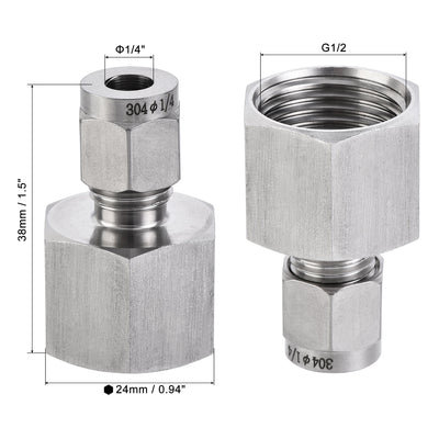 Harfington Uxcell Compression Tube Fitting G1/2 Female Thread x 1/2" Tube OD Straight Coupling Adapter 304 Stainless Steel