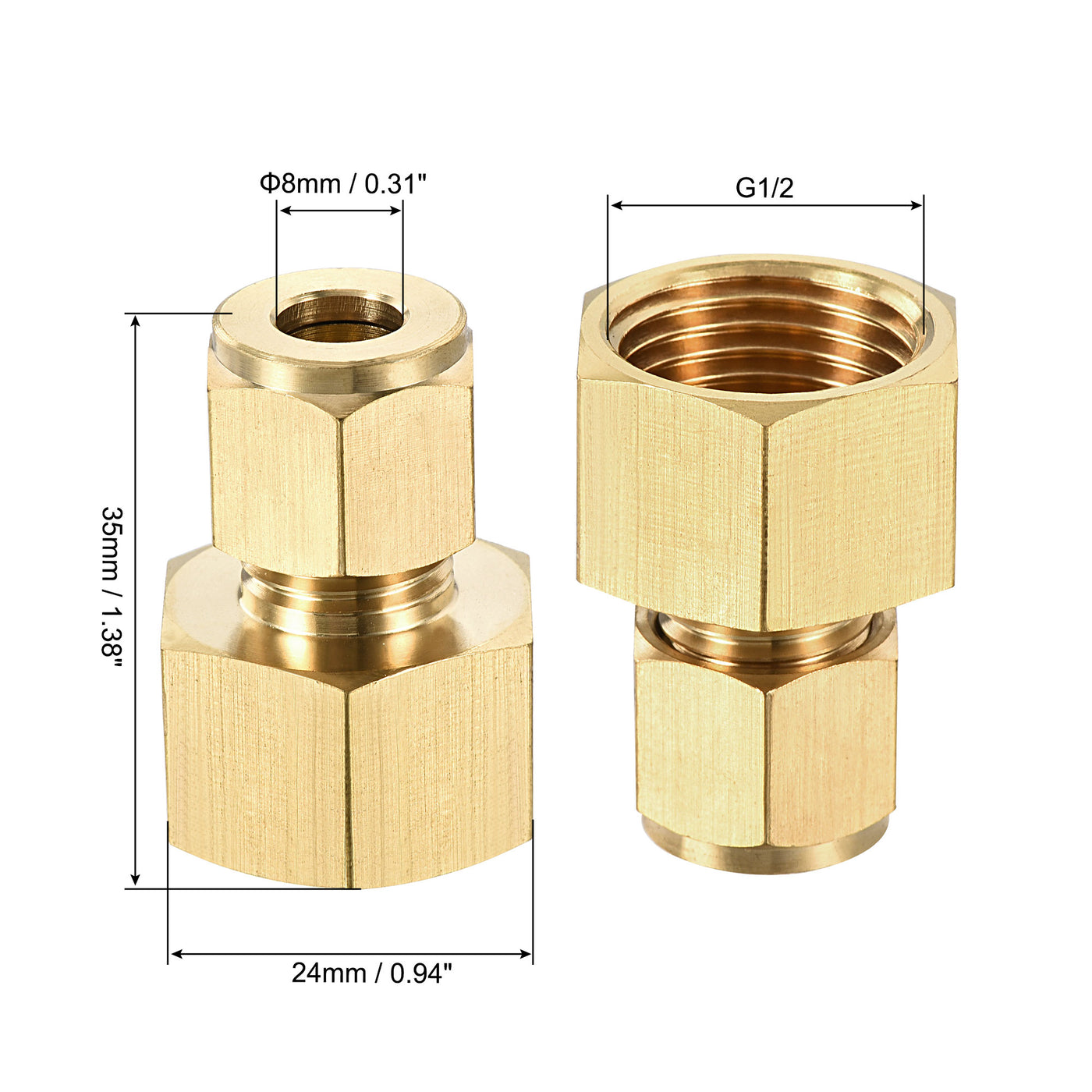 Uxcell Uxcell Compression Tube Fitting G1/2 Female Thread x 12mm Tube OD Straight Coupling Adapter Brass