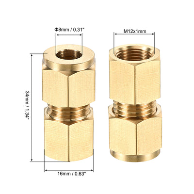 Harfington Uxcell Compression Tube Fitting M12x1mm Female Thread x 8mm Tube OD Straight Coupling Adapter Brass
