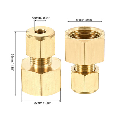 Harfington Uxcell Compression Tube Fitting M18x1.5mm Female Thread x 6mm Tube OD Straight Coupling Adapter Brass