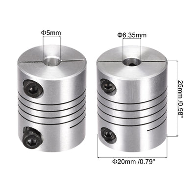 Harfington Uxcell 2PCS Motor Shaft 5mm to 6.35mm Helical Beam Coupler Coupling 20mm Dia 25mm Long