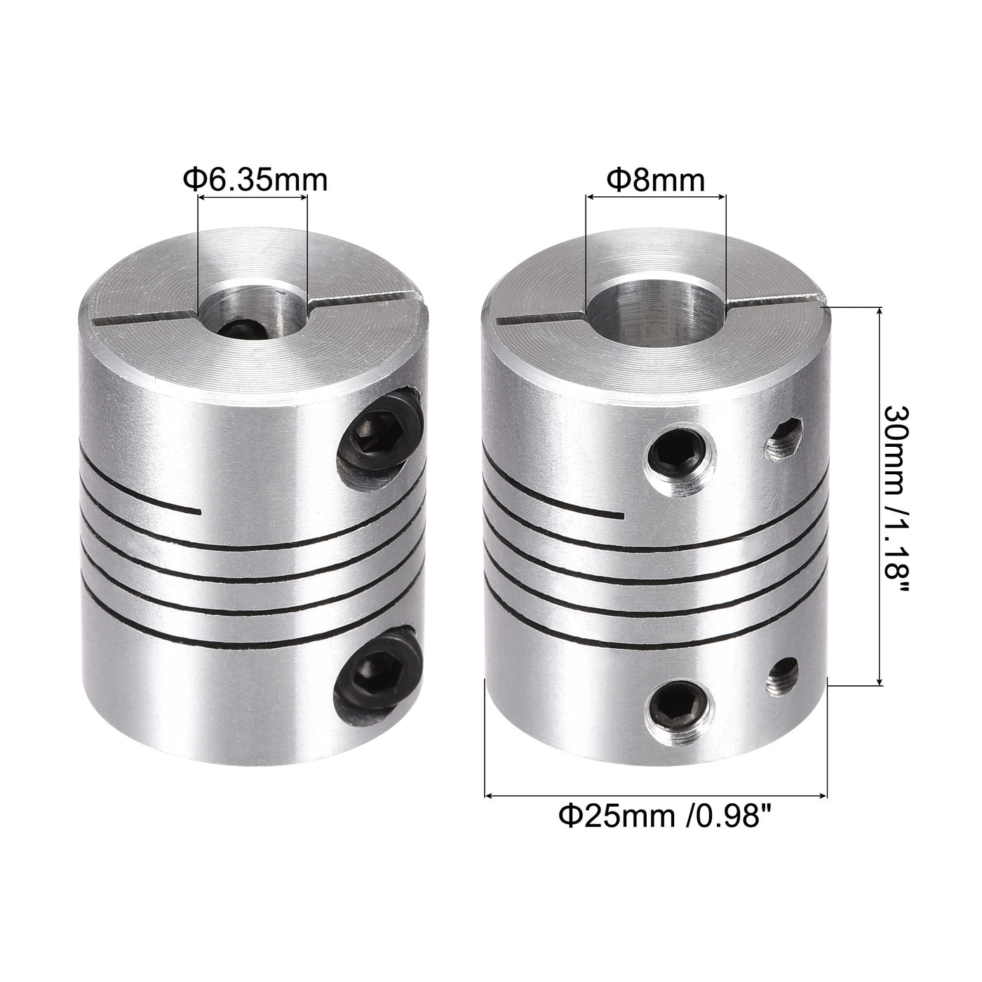 uxcell Uxcell 2PCS Motor Shaft 6.35mm to 8mm Helical Beam Coupler Coupling 25mm Dia 30mm Long