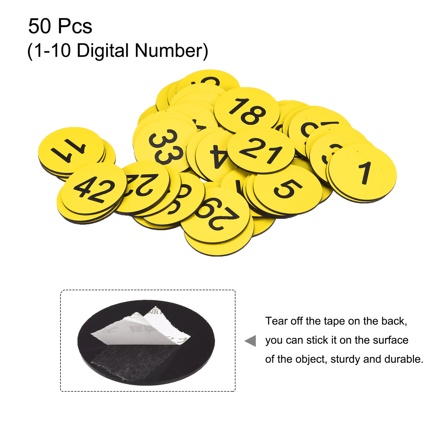Harfington Plastic Number Tag, 1-50 Digital Tags Sign Tag Acrylic Engraved Yellow with Self-Adhesive, Pack of 50