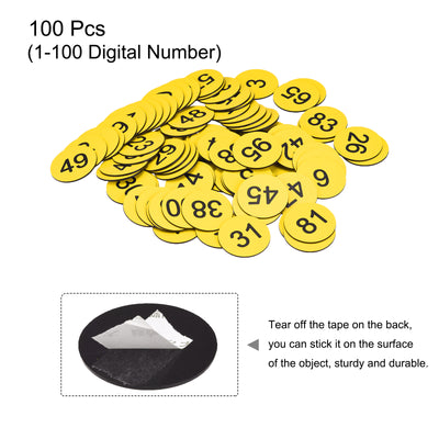 Harfington Plastic Number Tag, 1-100 Digital Tags Sign Tag Acrylic Engraved Yellow with Self-Adhesive, Pack of 100
