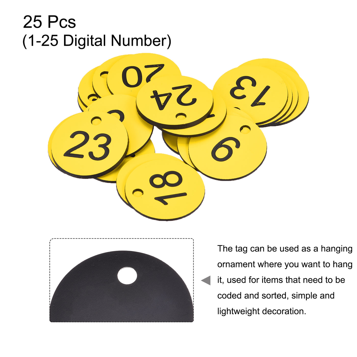 Harfington Round 1-25 Number Tag Key Tag Acrylic Engraved Yellow ID Tag for Decoration, Pack of 25