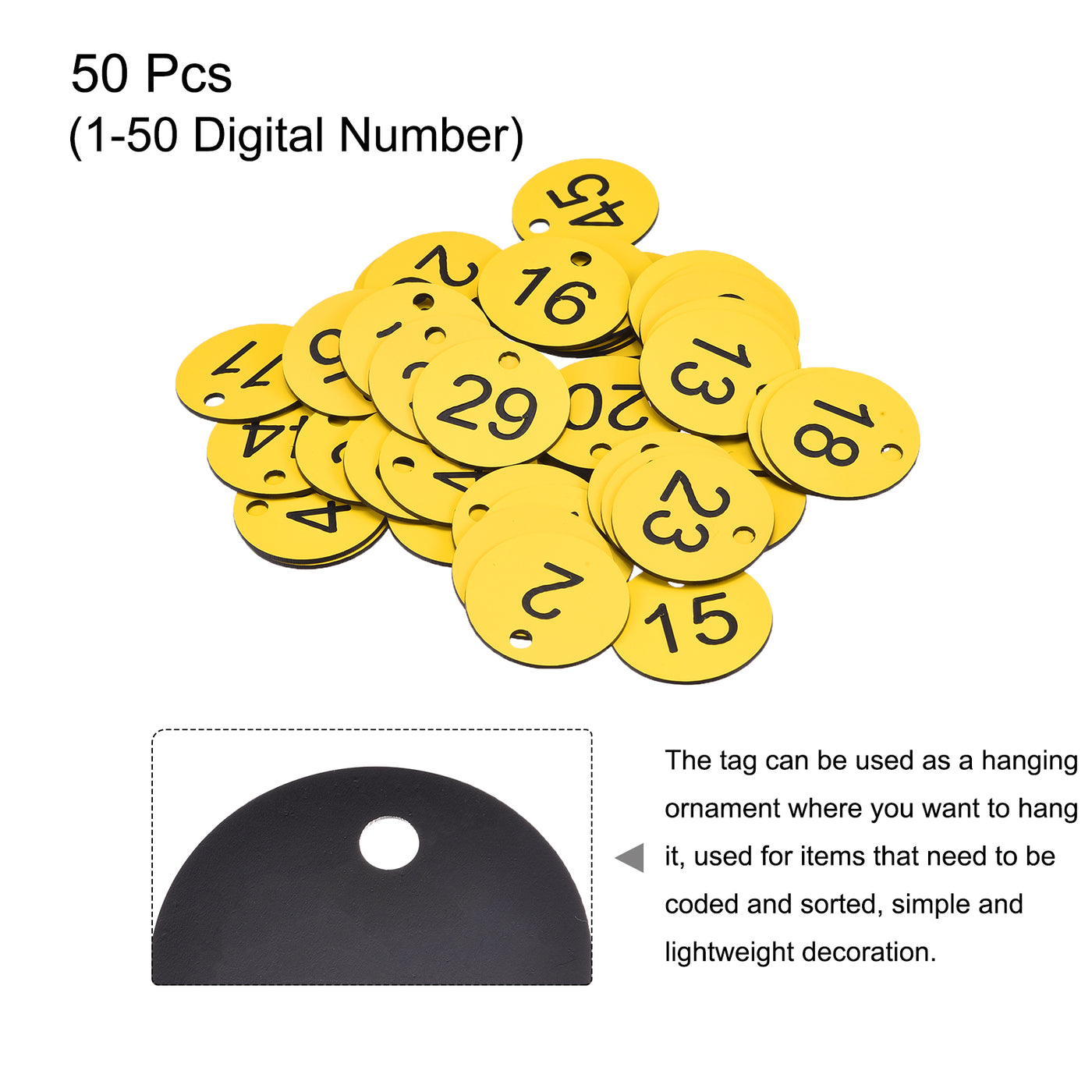 Harfington Round 1-50 Number Tag Key Tag Acrylic Engraved Yellow ID Tag for Decoration, Pack of 50