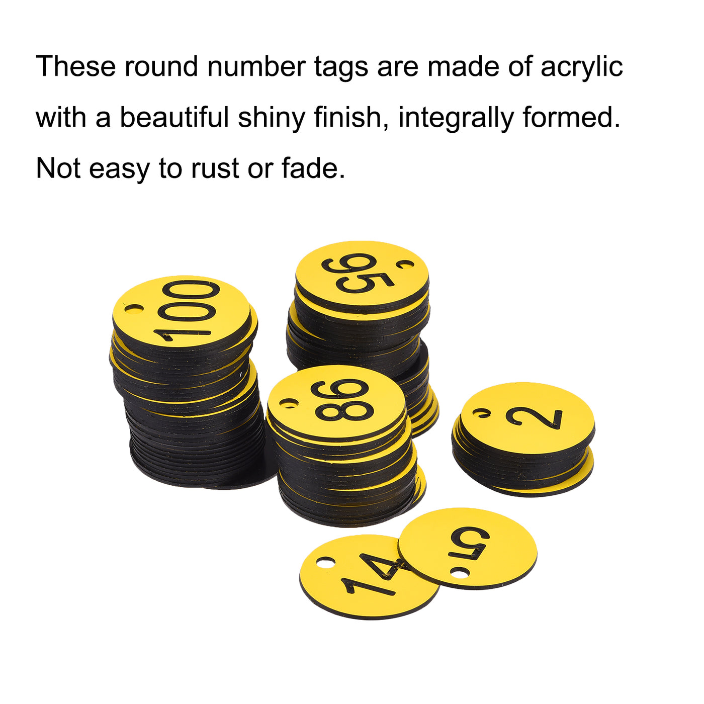 Harfington Round 1-100 Number Tag Key Tag Acrylic Engraved Yellow ID Tag for Decoration, Pack of 100