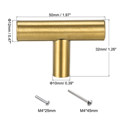 Harfington Uxcell T Bar Pull Handle, 2" (50mm) Length 12mm Dia Stainless Steel Single Hole Handle Gold Tone for Cabinet, Drawer, Wardrobe, Cupboard 5pcs