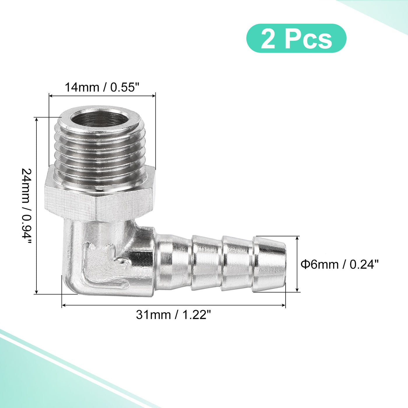 Harfington Nickel-plated Copper Hose Barb Fitting Elbow 6mm Barbed M12x1.25 Male Thread Right Angle Pipe Connector Pack of 2