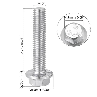 Harfington Uxcell M10x60mm Hex Serrated Flange Bolts Screws Metric Thread 304 Stainless Steel 6pcs
