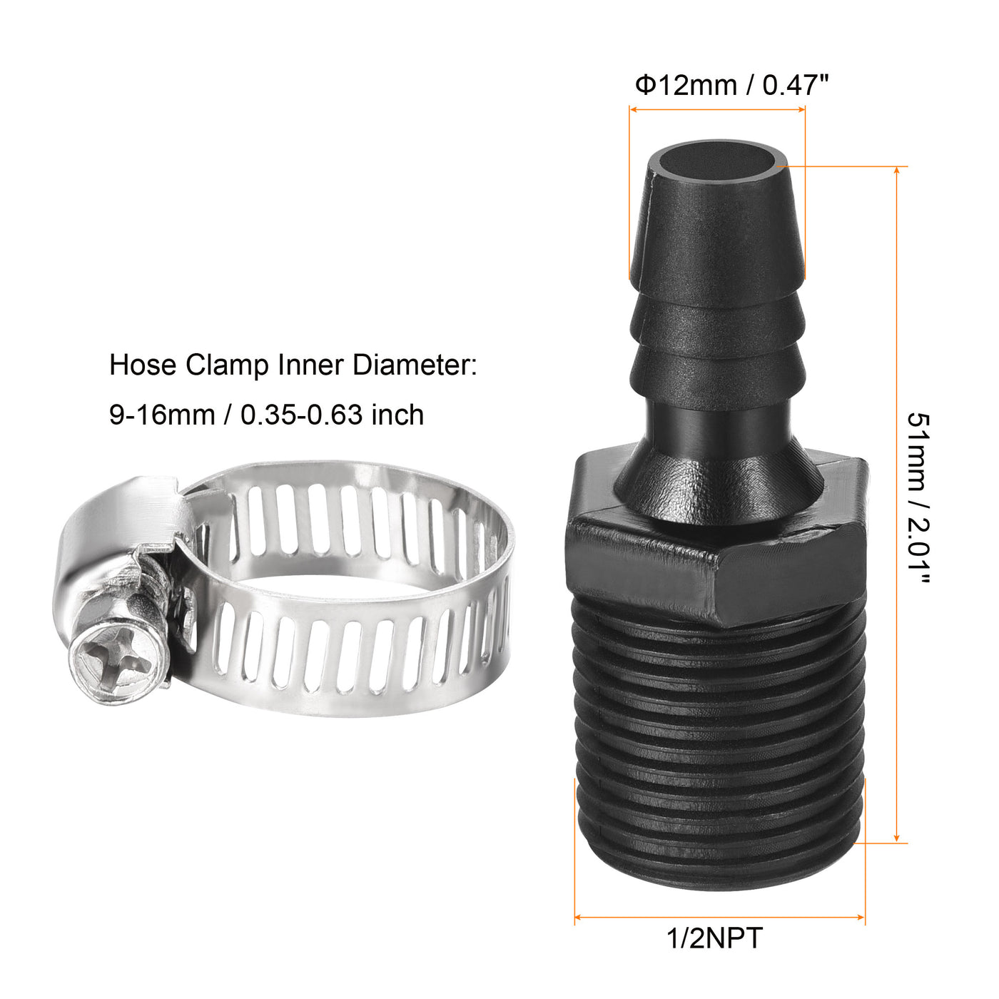 Harfington PE Hose Fitting Barb Male Straight Pipe Connector Coupler Adapters with Hose Clamp