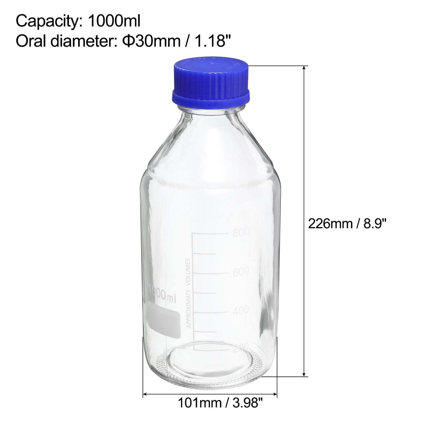 Harfington 1000mL Clear Reagent Media Graduated Glass Storage Bottle Blue Cap