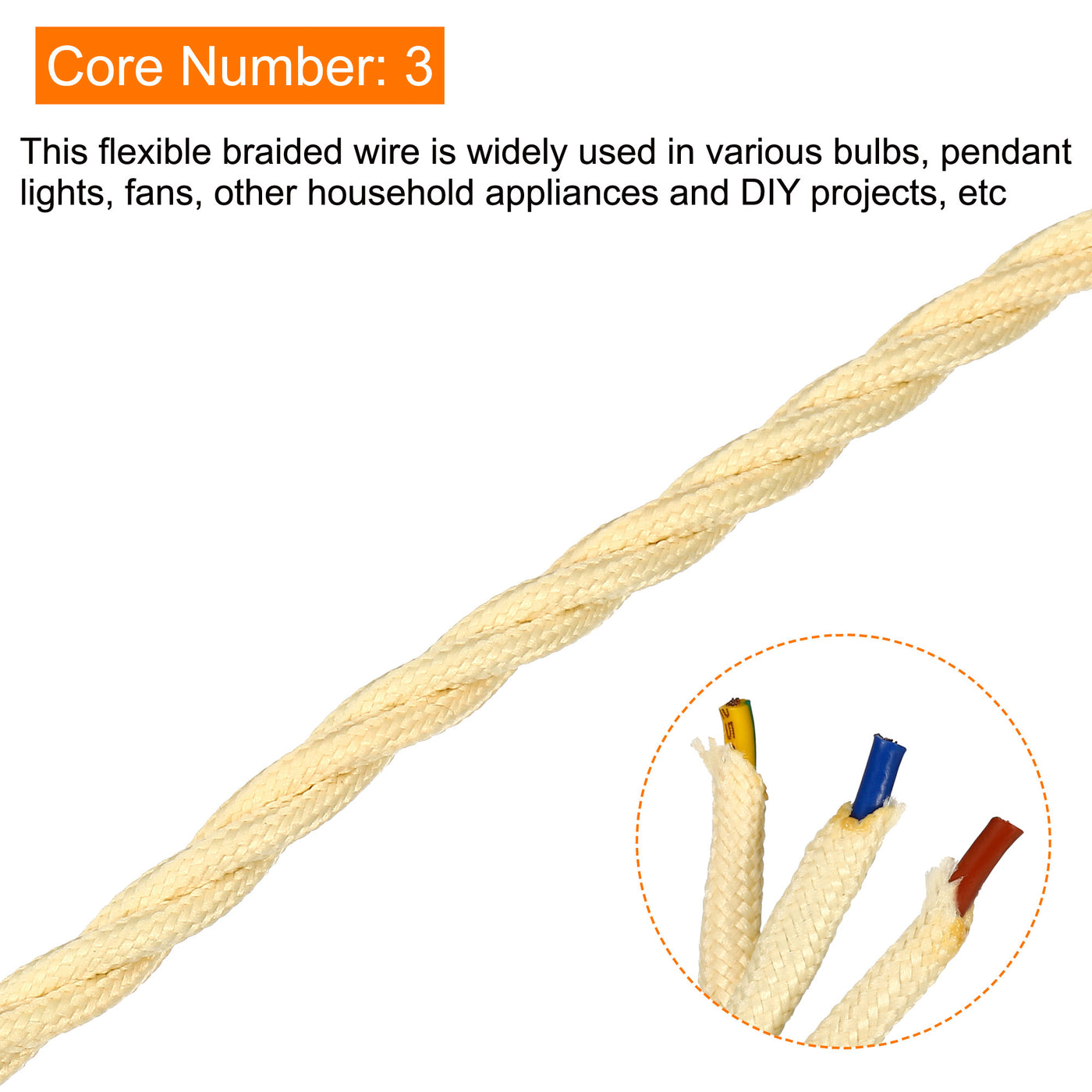 Harfington Twisted Cloth Covered Wire 3 Core 18AWG 5m/16.4ft,Electrical Cable,Cream