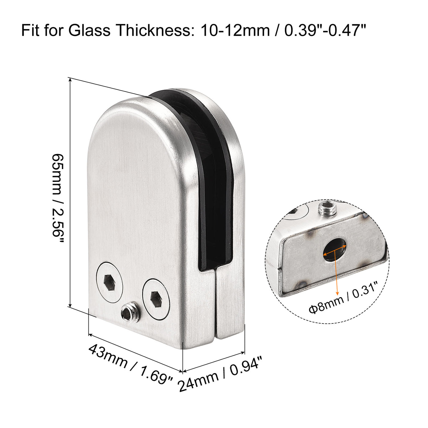 Uxcell Uxcell Glass Clamp for 10-12mm Thick 65x43mm Stainless Steel Flat Back Round Clip