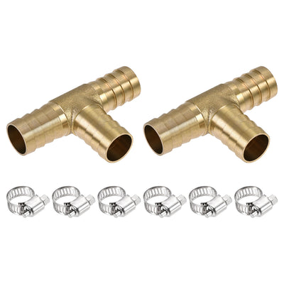 Uxcell Uxcell Barb Hose Fitting 16mm OD Tee T Shape Pipe Connector Brass 2Pcs with 6Pcs 13-19mm Hose Clamps